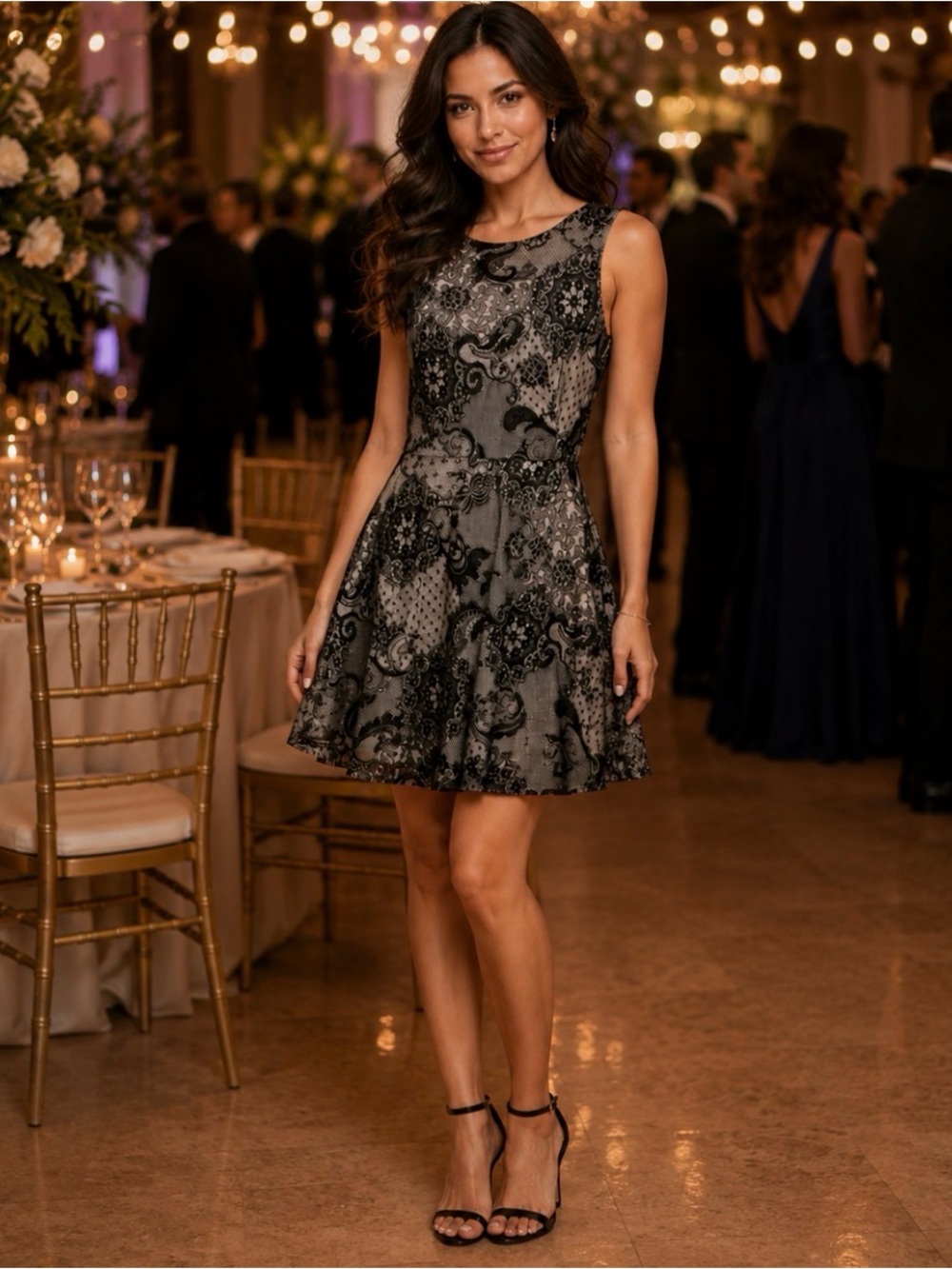 Donna Morgan Sleeveless Black Lace Overlay Fit & Flare Dress